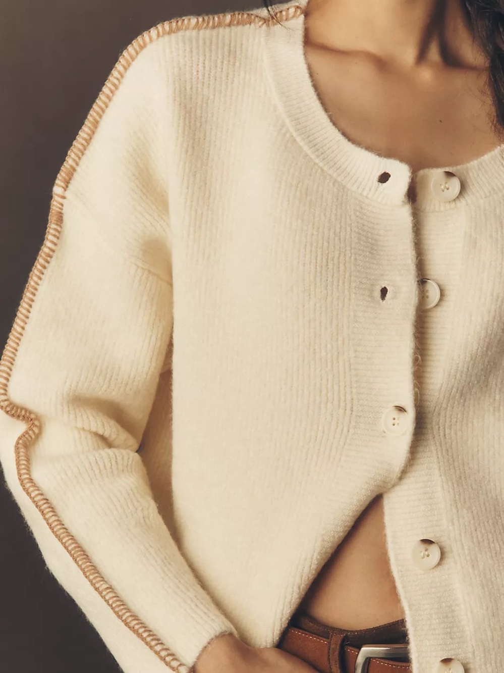 Anthropologie PILCRO WHIPSTITCH OVERSIZED CARDIGAN Knit SWEATER Cream Buttons - Picture 4 of 8